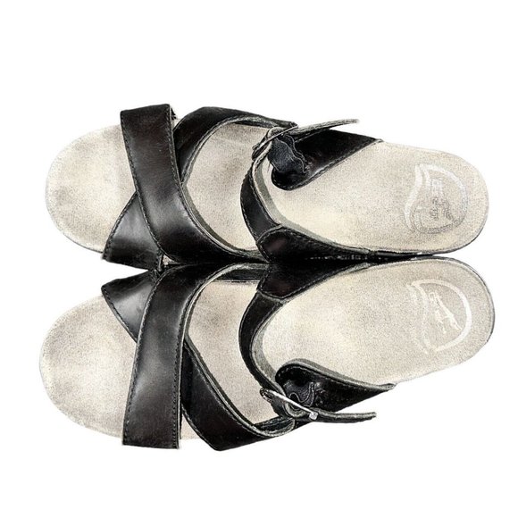 Dansko Sandals Womens 38 Sela Cross Strap Slip On Wedge Slide Black Leather - Picture 2 of 7